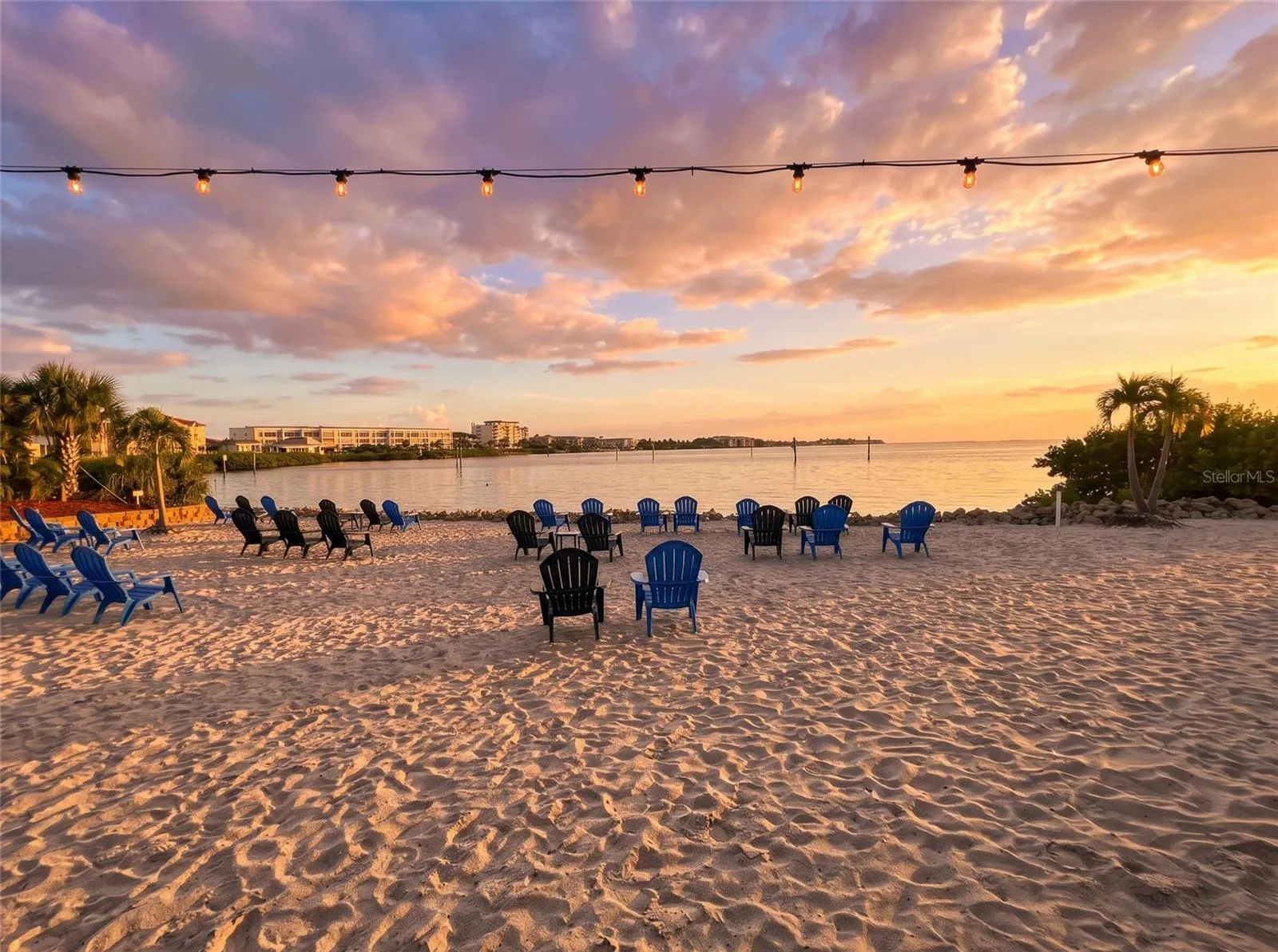 Fisherman's Village Sunset Beach Club area on Charlotte Harbor in Punta Gorda at sunset.
