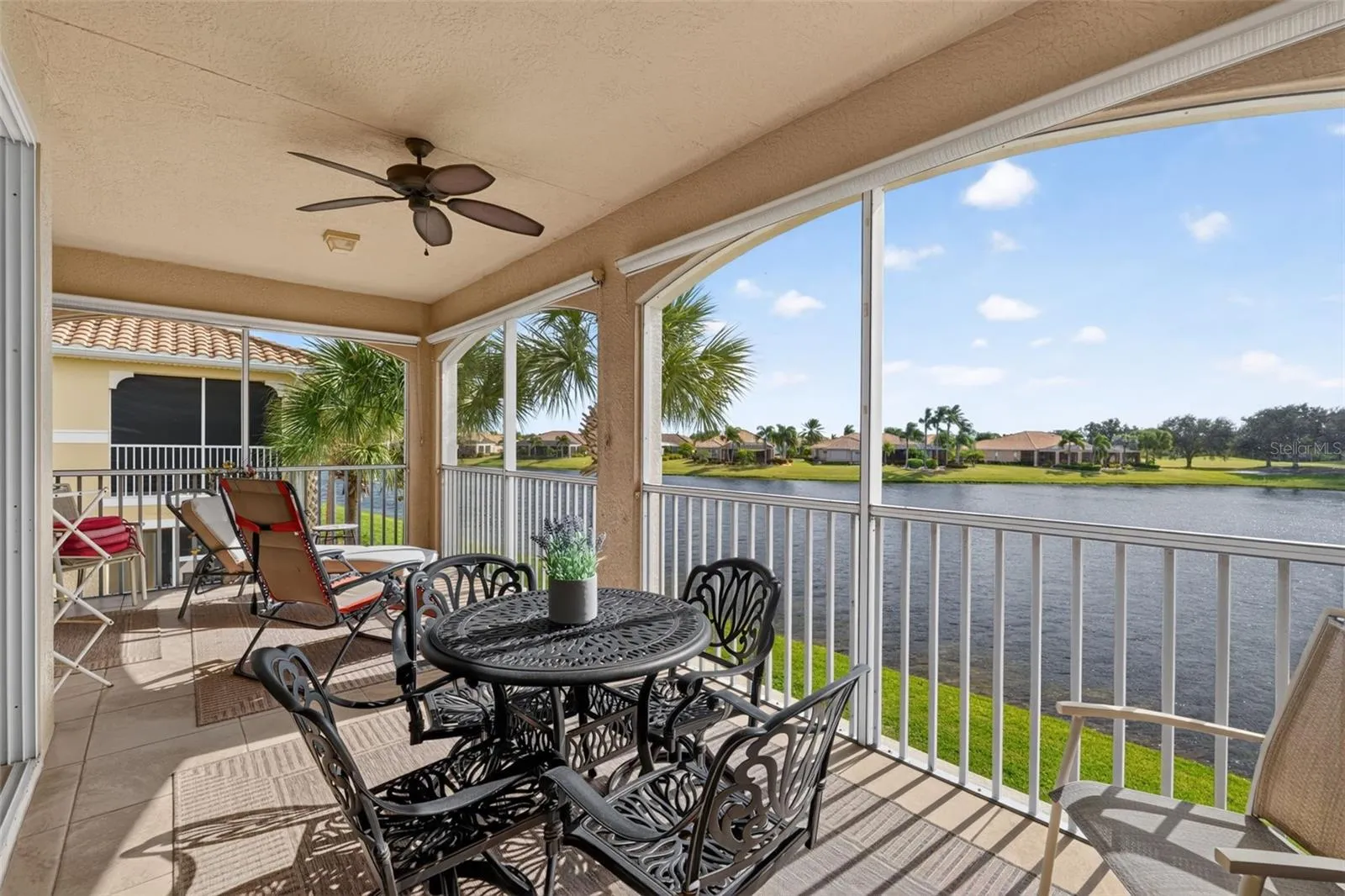 Screened balcony with water view