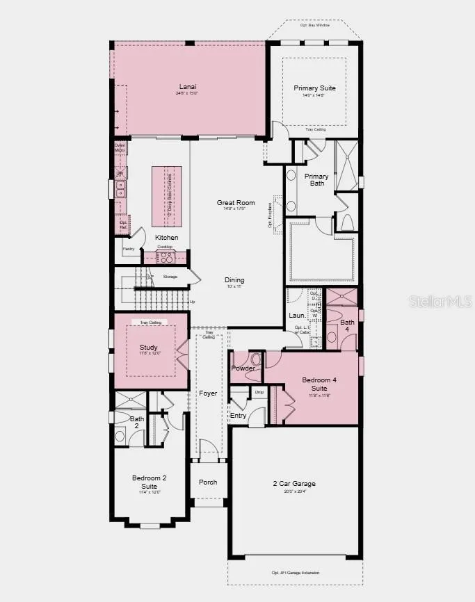 First Floor Plan - Additional Highlights Include: Impact windows, tray ceiling pkg, 8' interior doors, metal stair rails, French doors at study, and outdoor kitchen rough-in