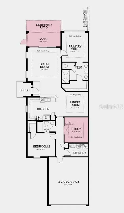 Floor Plan - Additional Highlights Include: Laundry package, GE refrigerator, pendant light package at kitchen, tray ceiling package, double pocket doors at study, 8' interior doors, pre-plumb sink at laundry, and whole house impact windows
