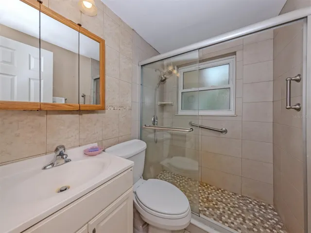 Updated bath with walking shower