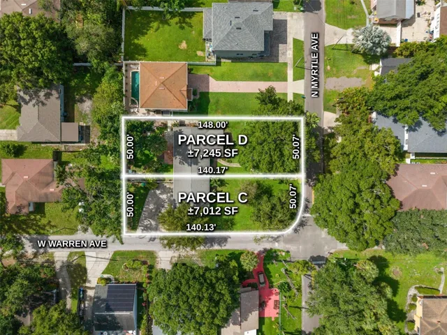 Aerial of both lots with dimensions: corner lot about 7,012 SF and interior lot about 7,245 SF
