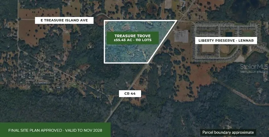 A virtually staged, AI-generated image showing the approximate parcel boundaries, approved # of lots, when the final site plan approval is valid until (Nov 2028), and select surrounding road/development labels.