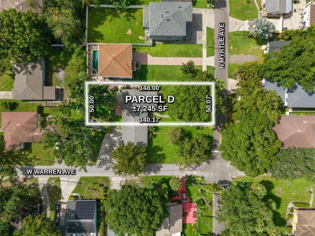 Aerial of the lot on N Myrtle Ave, second lot south of W Warren Ave, about 7,245 SF