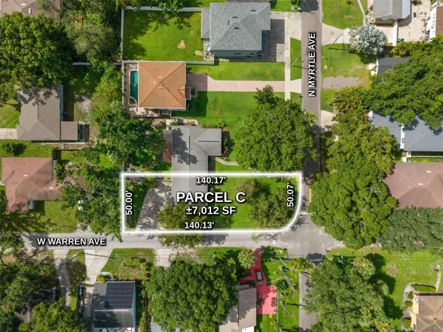 Aerial of the corner lot at N Myrtle Ave and W Warren Ave, about 7,012 SF