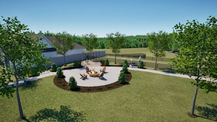Phase 1 amenities include a dog run and fire pit area. Pool, pavilion, and pickleball court to be amenities in a future phase.