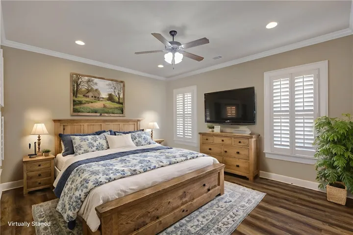 Spacious primary bedroom with furniture flexiblity.