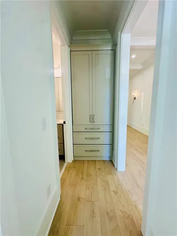 This interior hallway features beautiful wood flooring, leading to a built-in storage cabinet.