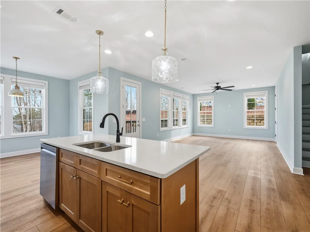 Open floor plan from kitchen to living room.