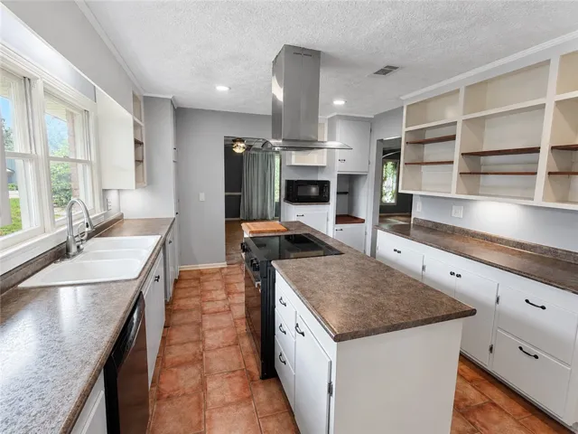 A well-appointed kitchen features a central island, modern appliances, and ample cabinetry with generous counter space.