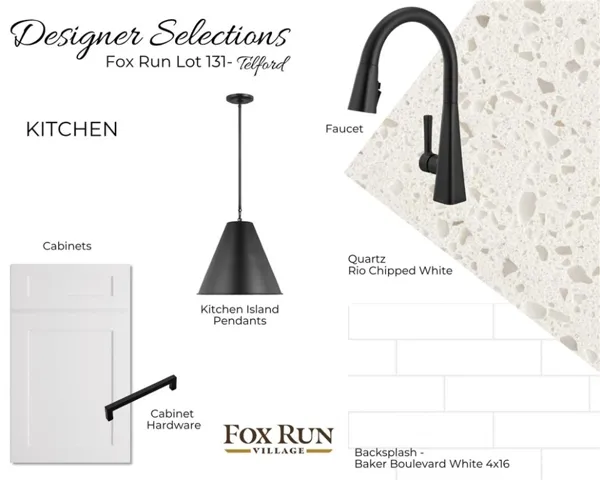 Selection board for Fox Run Village lot 131. Pricing, specifications, and selections are subject to change without notice.