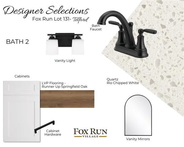 Selection board for Fox Run Village lot 131. Pricing, specifications, and selections are subject to change without notice.