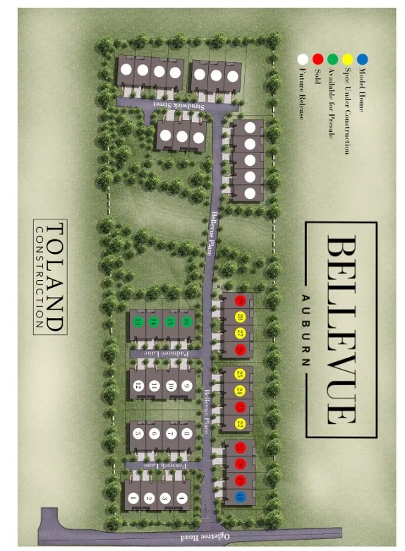 An illustrative plat map details a master-planned community layout, showcasing various home statuses and street names.