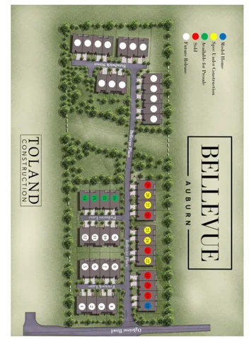 An illustrative plat map details a master-planned community layout, showcasing various home statuses and street names.