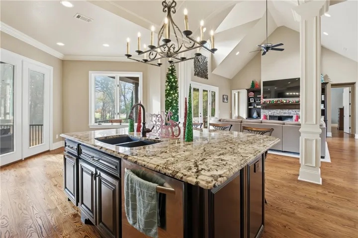 Kitchen looks out into living room for easy entertaining