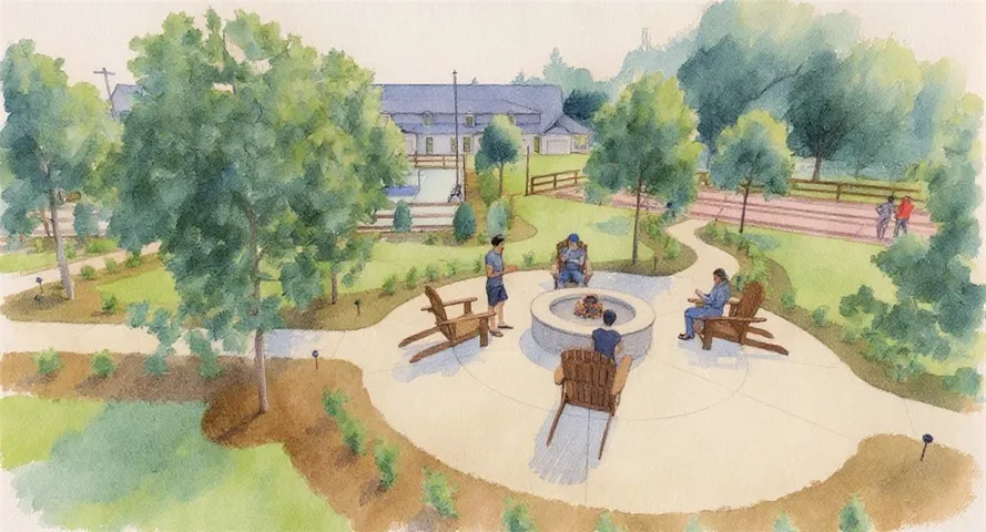 Proposed watercolor of Auburn Farms Community Fire Pit - All plans, pricing, and specifications are subject to change without notice.