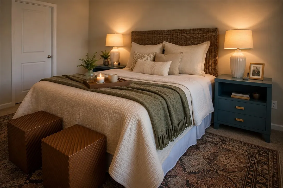 Comfortable bedroom features warm lighting and a cozy rug, perfect for relaxation.