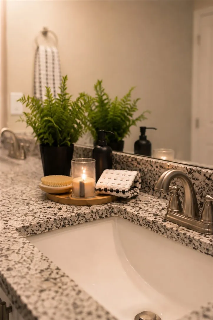 Granite counters and dual sinks provide ample space in this well-appointed primary bathroom.