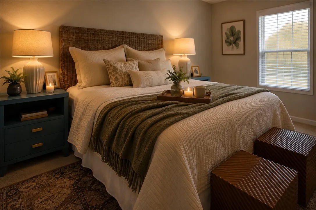 A well-appointed bedroom featuring a woven headboard and ample lighting, creating a relaxing retreat.