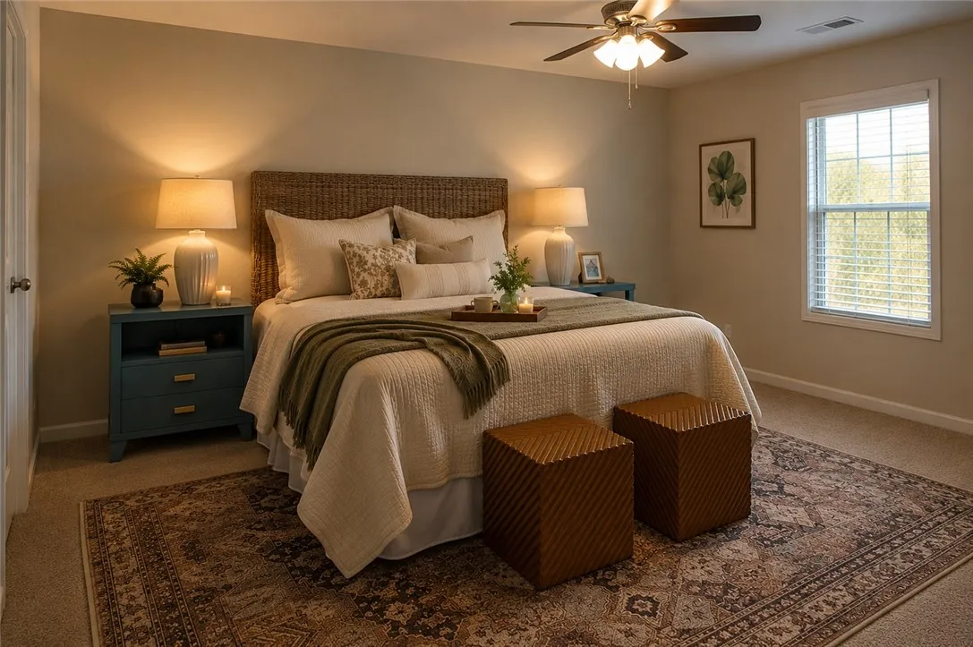 A tranquil bedroom retreat features a ceiling fan, plush carpet, and a large window providing natural light.
