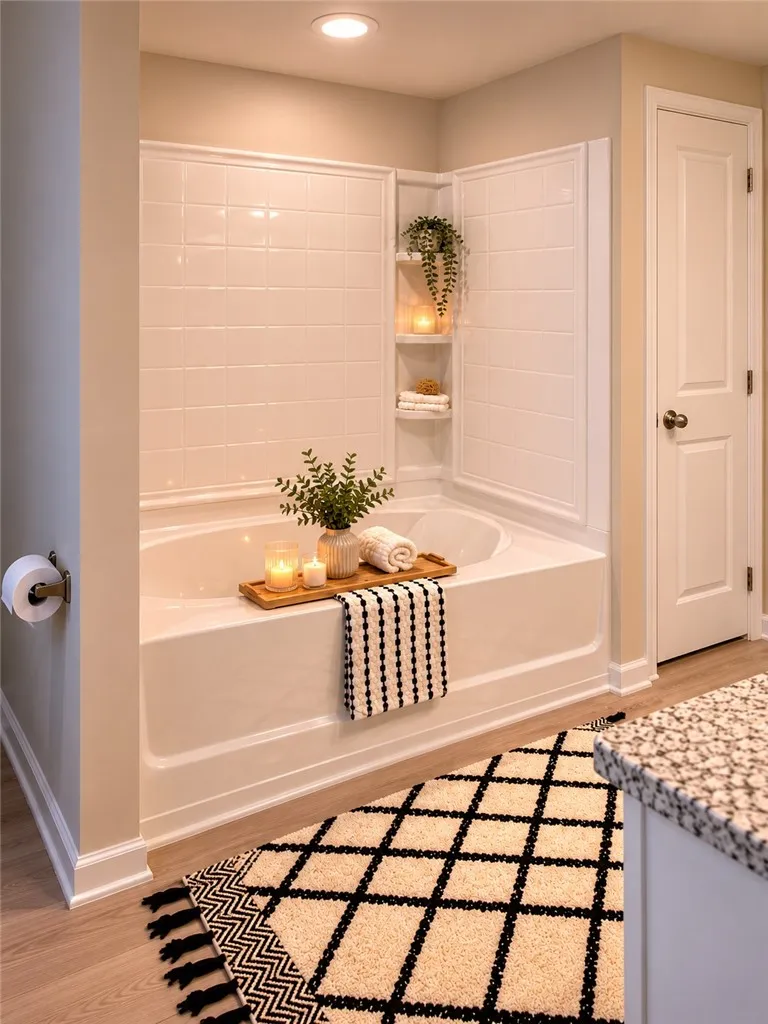 Relax in this inviting tub, featuring built-in shelving for convenience and style.