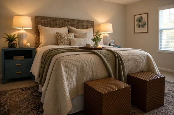 A tranquil bedroom retreat features soft textures, natural light, and ample storage.