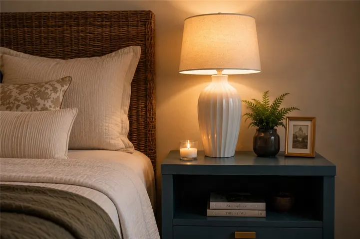 A bedside table with a lamp, casting a warm glow, anchors this tranquil bedroom scene.