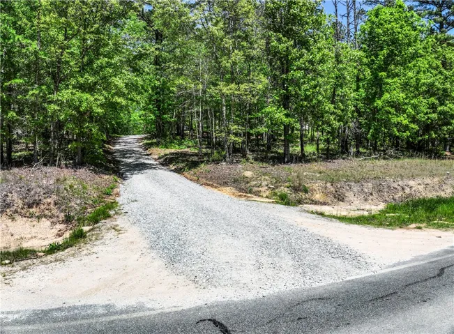 A winding gravel road leads into a lush, wooded landscape, offering a private retreat.