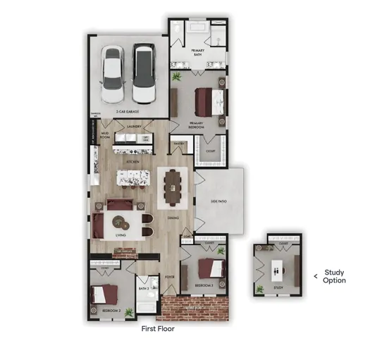 Explore the functional layout of this residence, offering flexible living and private spaces.