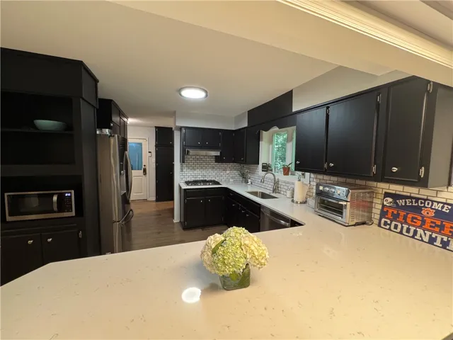 Culinary delights await in this modern kitchen, featuring sleek black cabinetry and pristine white countertops.