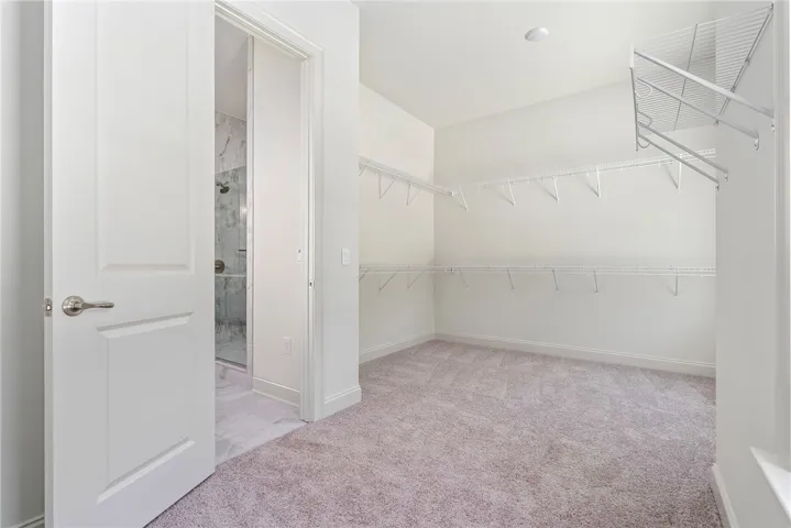 This spacious walk-in closet with carpet flooring offers seamless access to a luxurious bathroom.