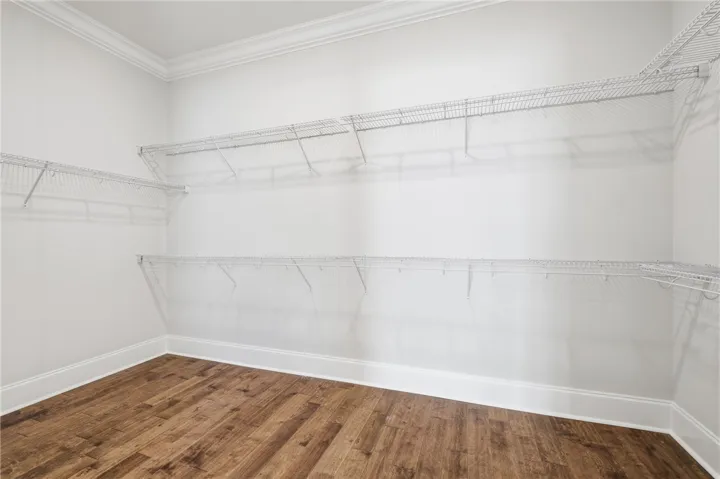 Tremendous primary closet with hardwood floors.