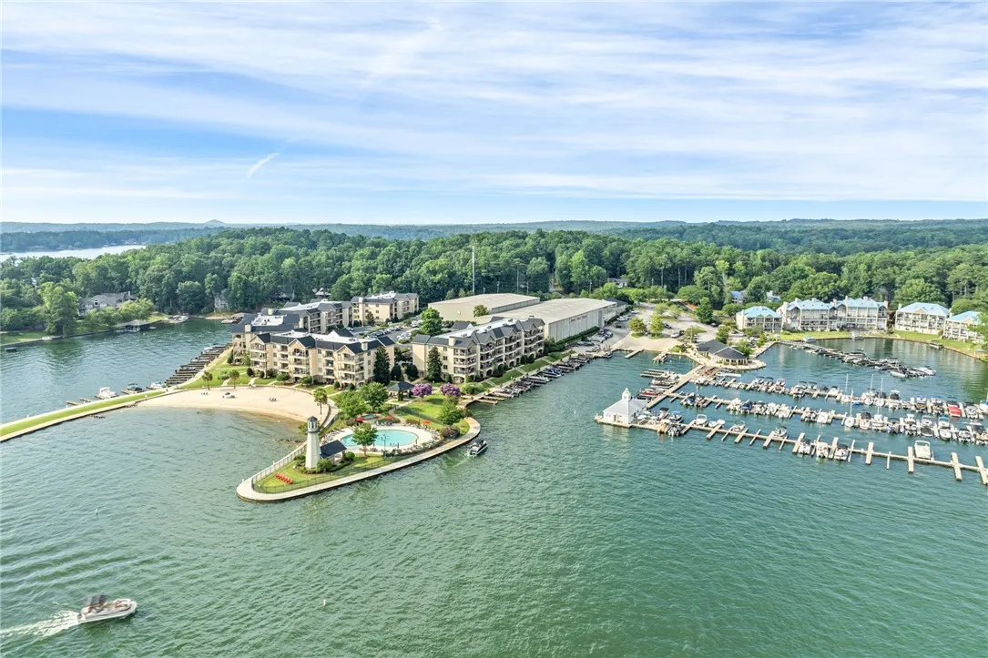 Aerial view showcasing a lakeside residential community with a private beach, pool, and boat docks.
