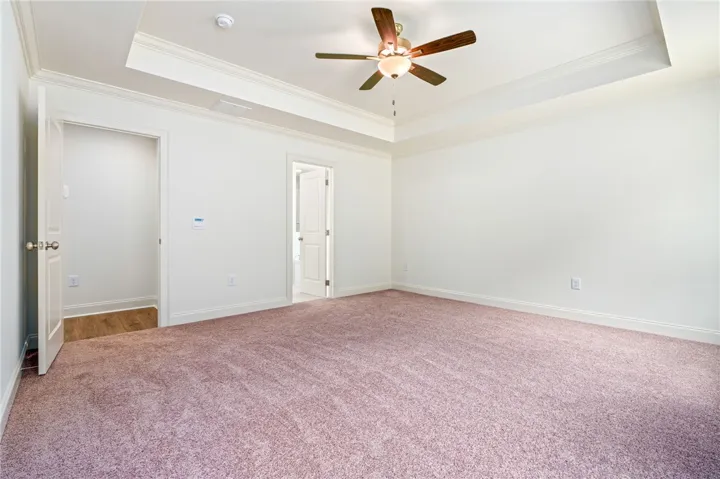 A tray ceiling and ceiling fan enhance this spacious primary bedroom with plush carpet flooring.