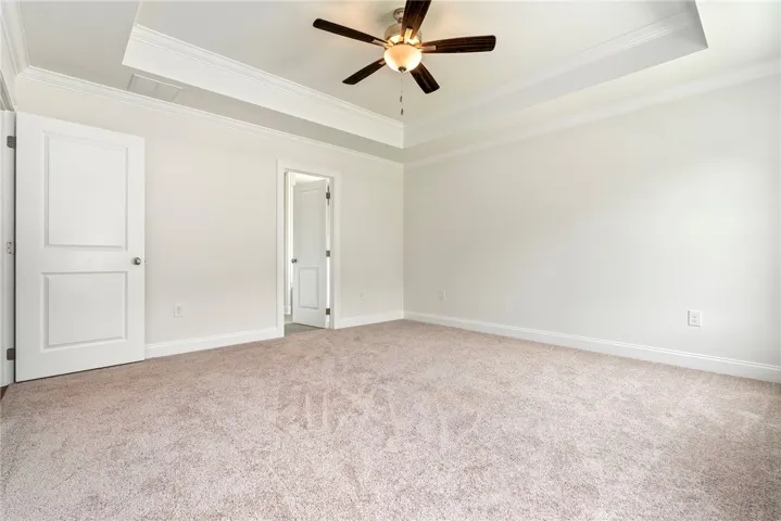 An inviting bedroom with plush carpeting features a tray ceiling and a ceiling fan.