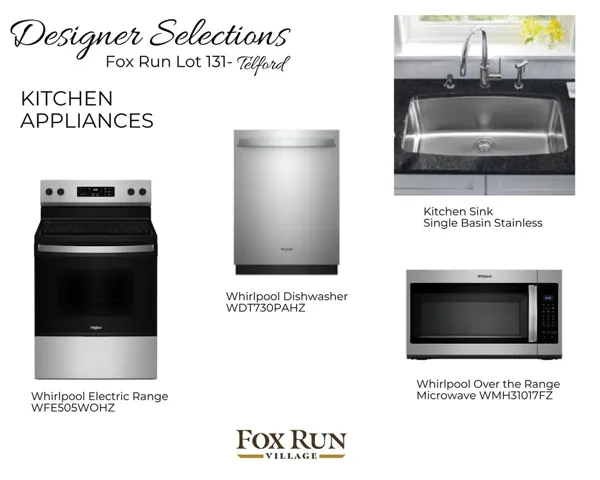 Selection board for Fox Run Village lot 131. Pricing, specifications, and selections are subject to change without notice.