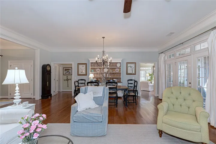Fireplace view of living and dining area