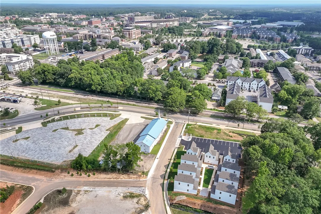 An aerial perspective showcases a bustling cityscape with varied housing and commercial structures amidst lush greenery.