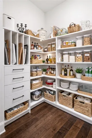 The pantry is outfitted with a custom storage system.