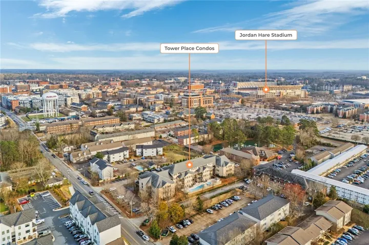 An aerial view showcases a vibrant community with convenient access to recreational and urban amenities.