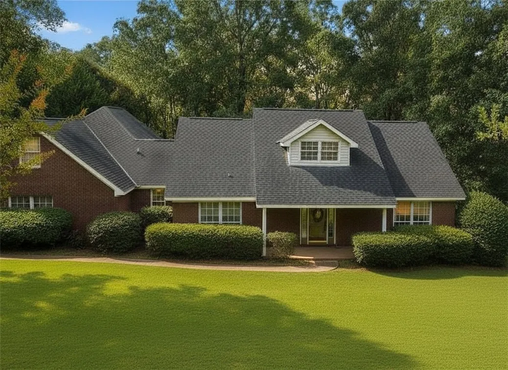 7.63 Acres minutes from Lake Harding with fenced front & back yards! 
Note: This photo has been digitally altered to show manicured shrubs and an added walkway.