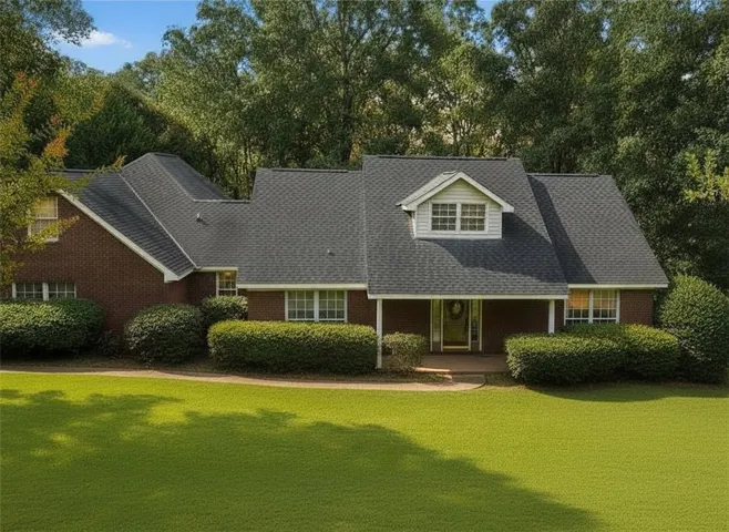 7.63 Acres minutes from Lake Harding with fenced front & back yards! 
Note: This photo has been digitally altered to show manicured shrubs and an added walkway.