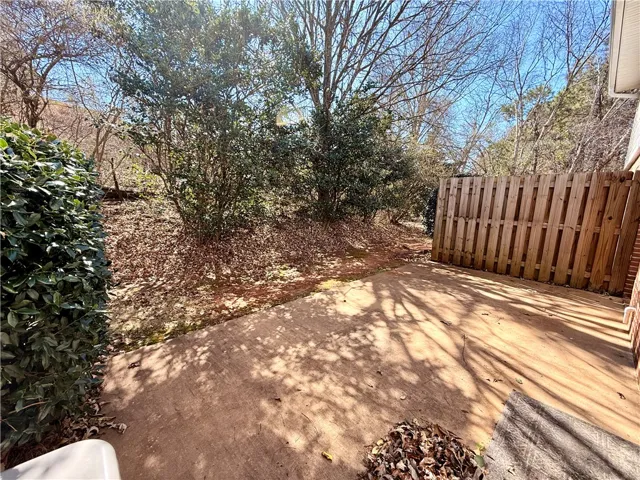 Back patio with storage building