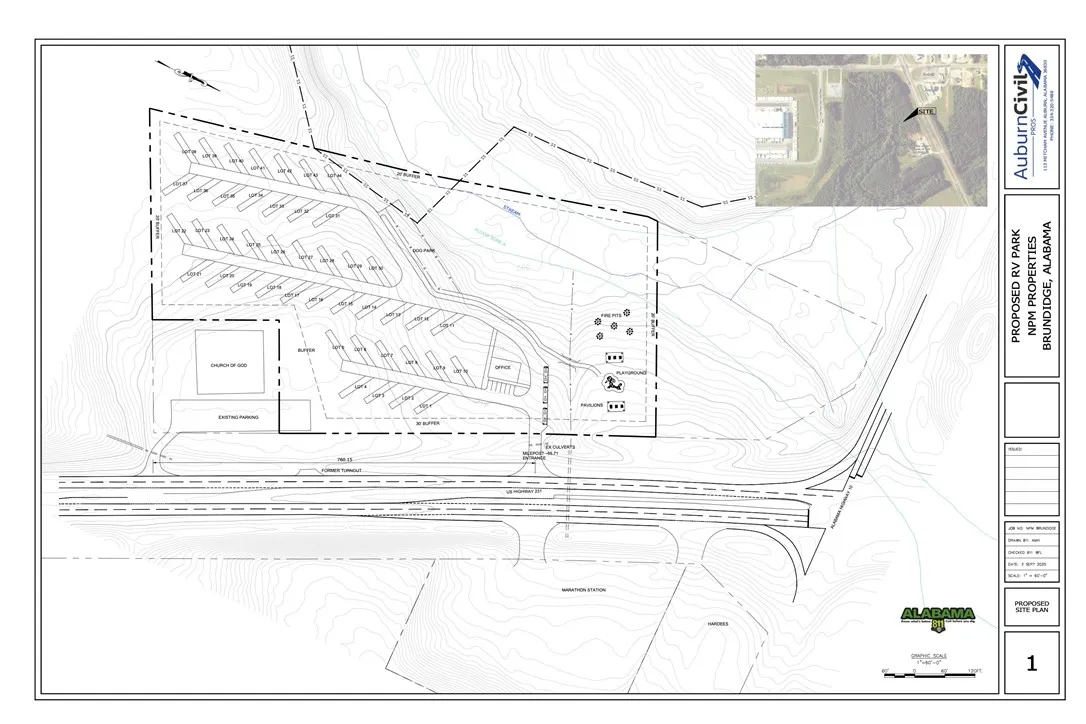 This detailed site plan outlines a recreational vehicle park with diverse amenities and strategic layout.