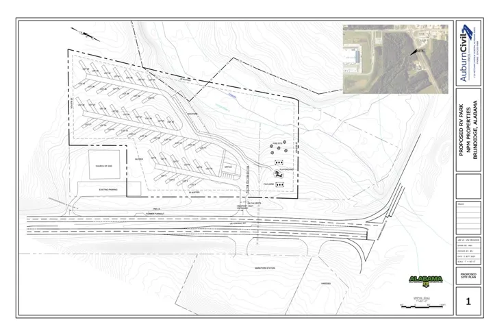 This detailed site plan outlines a recreational vehicle park with diverse amenities and strategic layout.