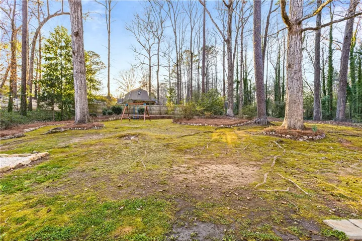 Whimsical back yard with trees & moss...less cutting too!  Beautiful sunset skies included free of charge :-)