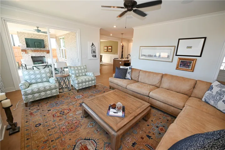 Living room peeks into the dining and kitchen space!