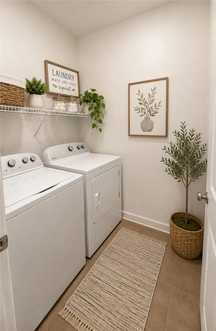 Efficient laundry setup with convenient wire shelving for organized storage.