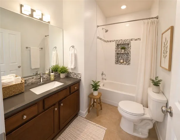 A well-appointed bathroom with a modern vanity and a tiled shower-tub combo.