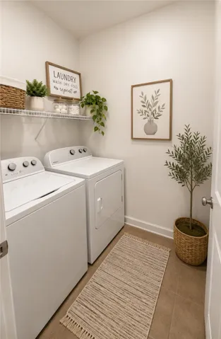 Efficient laundry setup with convenient wire shelving for organized storage.